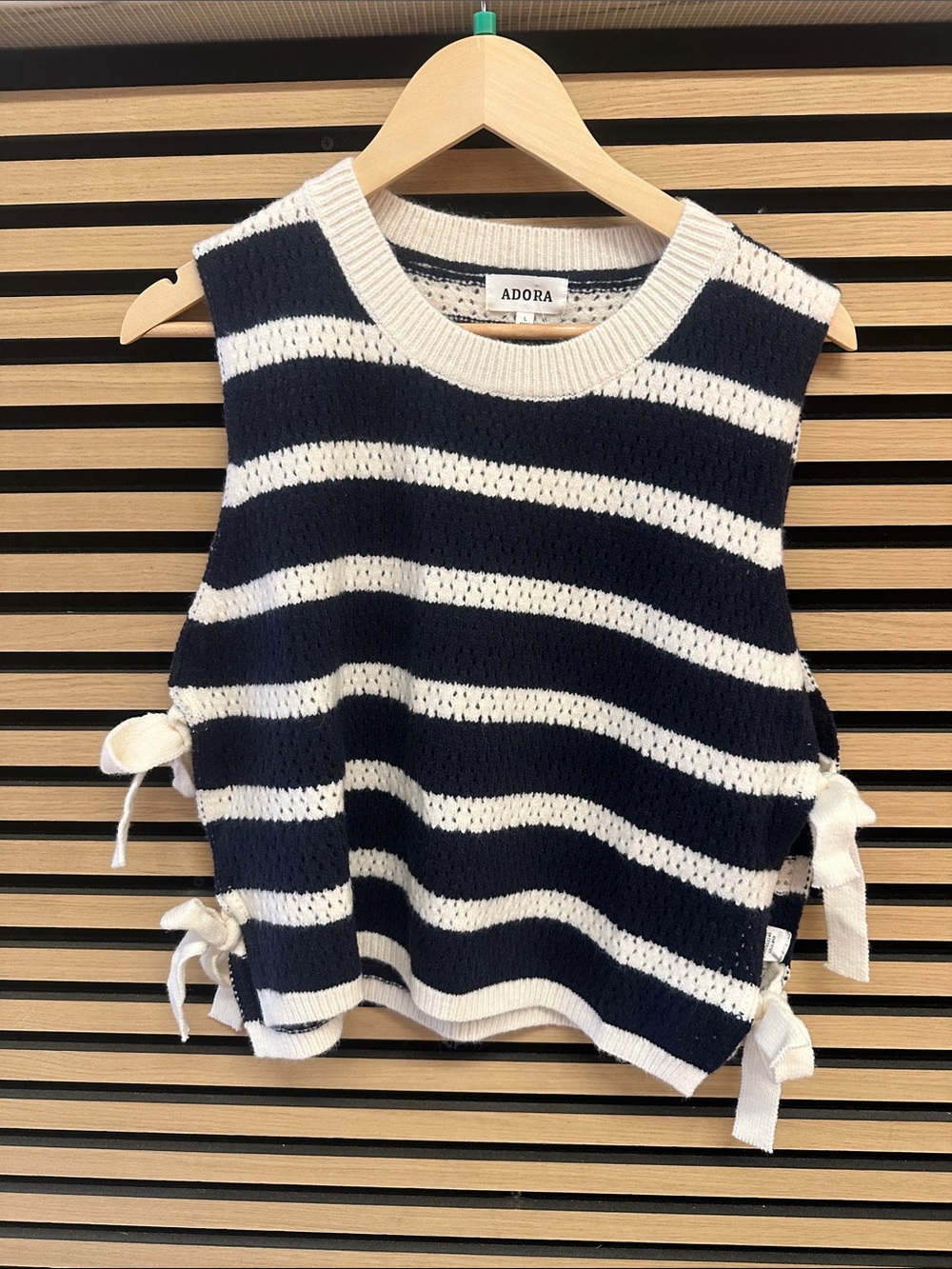 Navy and White Striped Sleeveless Crewneck Sweater with Side Ties
